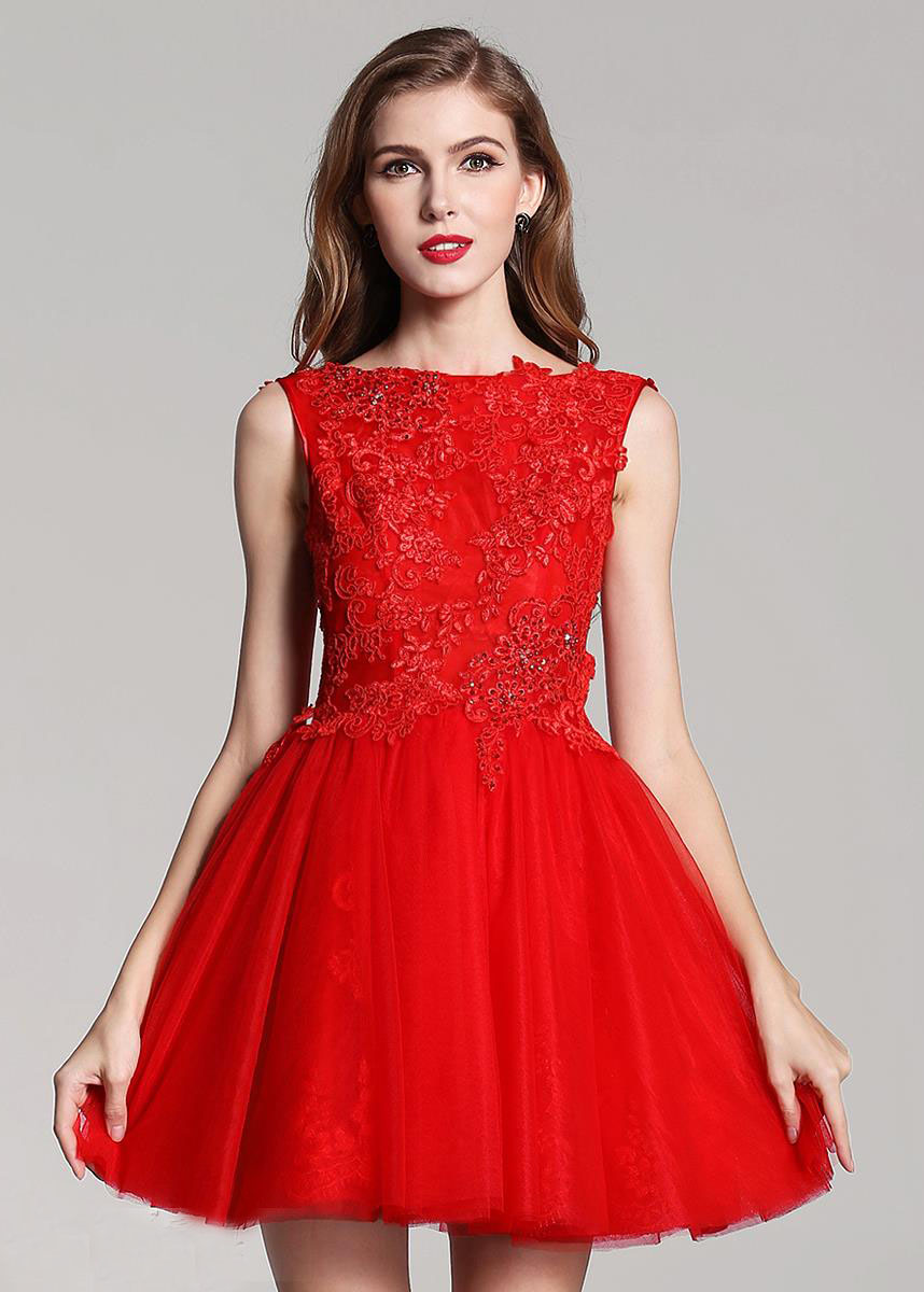 Red Lace Tulle Short Evening Dress 5874